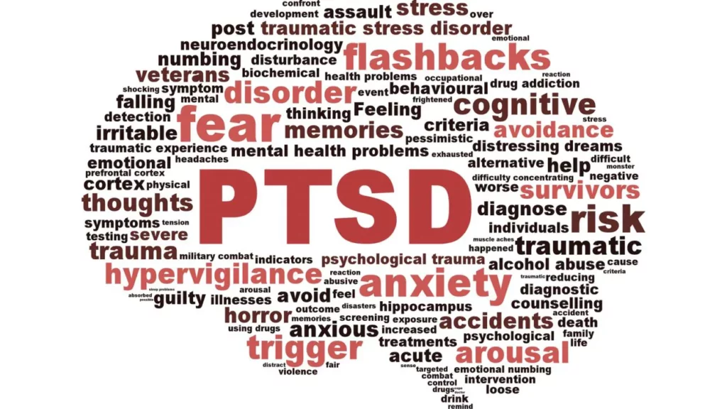 PTSD and Anxiety word cloud in the shape of a brain