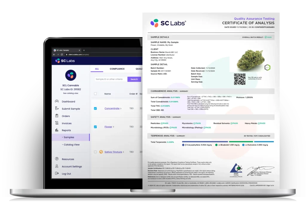 Laptop with SC Labs Client Service Portal and a sample COA